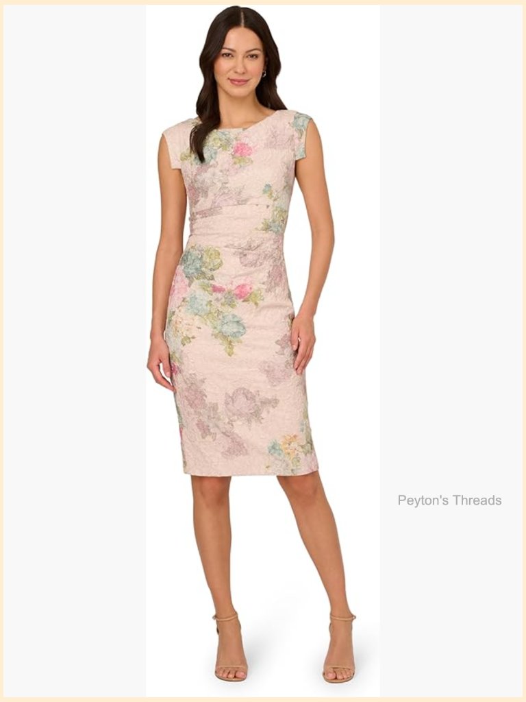Matelasse Cocktail Dress - Sheath, Floral Print, Metallic Threading